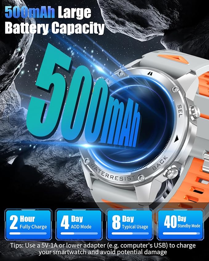 Military Smart Watch for Men with GPS, 1.43" AMOLED Smart Watch with Bluetooth Call, 5ATM Waterproof, 170+ Sports Modes, 500mAh Heart Rate/Sleep/SpO2 Monitor, Fitness Tracker for Android iOS