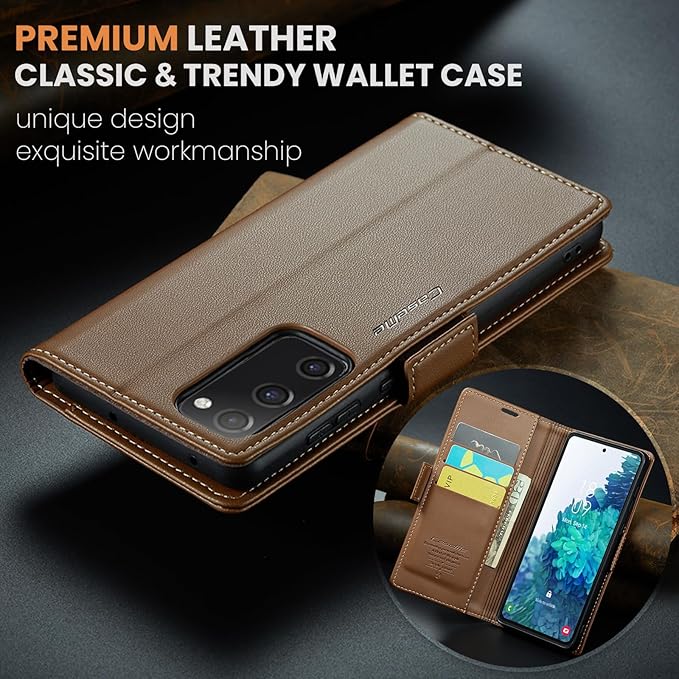 AUPAI for Samsung Galaxy S20 FE Wallet Case with Credit Card Holder, PU Leather RFID Blocking Folio Flip Kickstand Magnetic Clasp Protective Phone Cover for Women Men Brown