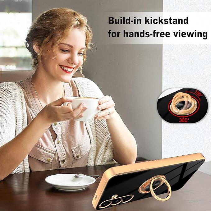 Dinick Black for Samsung Galaxy S24 Case with Ring Holder Kickstand [with Magnetic] Soft TPU Bumper, Glitter Gold Electroplated Cover Slim Thin Protective Phone Case for Galaxy S24