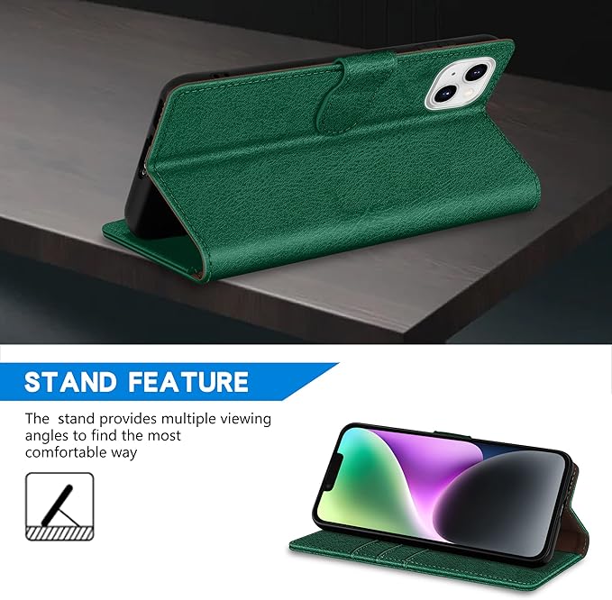 ZZXX for iPhone 14 Wallet Case with [RFID Blocking] Card Slot Kickstand Magnetic Closure Leather Flip Fold Protective Phone Case for iPhone 14 Case Wallet(Green-6.1 inch)