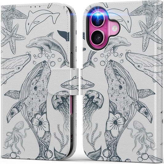 DEENAKIN for iPhone 16 Plus Wallet Case with Card Holder + Cash Clip, RFID-Blocking, Military-Grade Drop Protection, Magnetic Closure with Leather Kickstand - Dynamic Marine Life