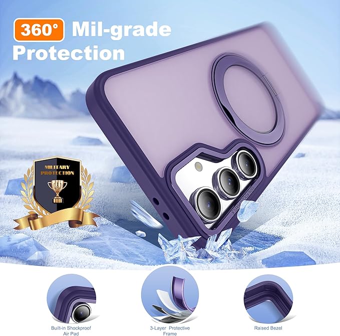 for Samsung Galaxy S24 FE Case with 360° Rotatable Magnetic Ring Stand Compatible with Mag-Safe Military Protection Shockproof Matte Translucent Phone Cases for S24 FE,Dark Purple
