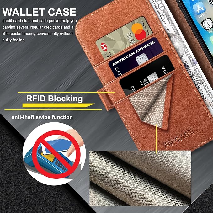 Case for iPhone 16 Pro 6.3" 2024-Genuine Leather Folio Magnetic Closure RFID Blocking Card Holder Kickstand Full Protection Phone Case Compatible with iPhone 16 Pro (Brown)