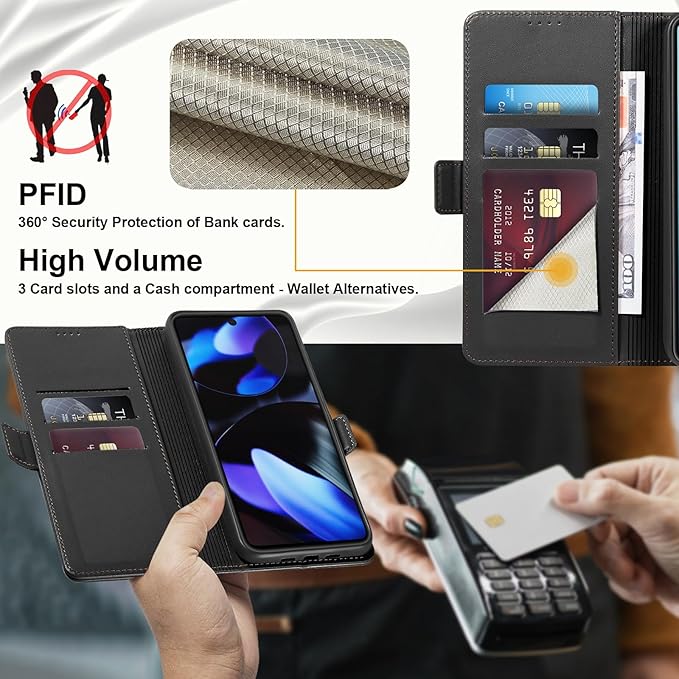 Wallet Flip Case for Google Pixel 9/9 Pro - [RFID Blocking] Luxury PU Leather Card Holder Magnetic Phone Cover with Kickstand,Shockproof Protective Case,Black