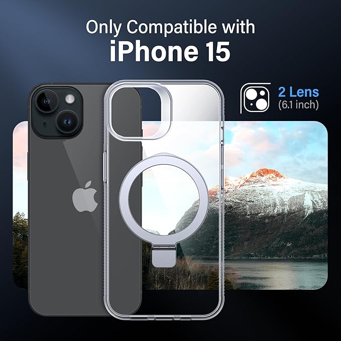 Magnetic Case for iPhone 15 - [Built-in Invisible Stand] [Compatible with MagSafe] [Military Grade Drop Protection] Anti-Yellowing Hard Back Silicone Edge Cover, 6.1", Clear