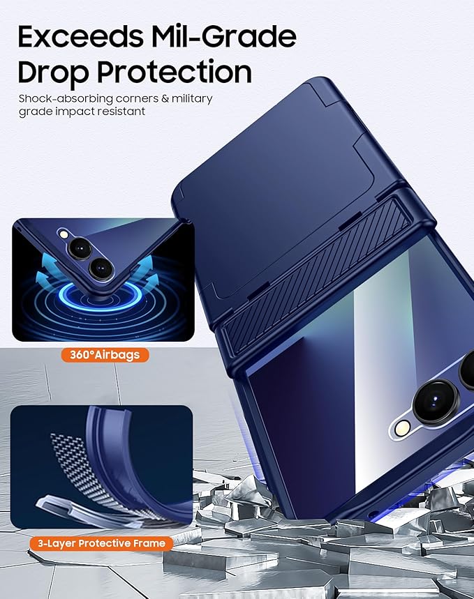 CENMASO for Samsung Galaxy Z Flip 7 Case with Card Holder [RFID Blocking] & Hinge Protection & HD Screen Protector, Rugged Anti-Scratch Full-Body Shockproof Phone Case for Z Flip 7-Blue