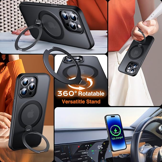 360° O-Ring MagStander for iPhone 14 Pro Case with Magnetic Kickstand Ring Holder [Compatible with MagSafe][360°Rotate Stand Ring][Military Shockproof] iPhone 14 Pro Phone Cover Matte Black