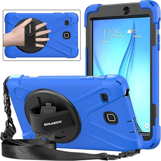 BRAECNstock Samsung Galaxy Tab E 8.0 Case (SM-T375/T377/T378), Heavy Duty Shockproof Protective Cover with 360° Stand&Hand Strap,Shoulder Strap,Samsung SM-T377A/T377V/T378V Tablet Case for Kids,Blue
