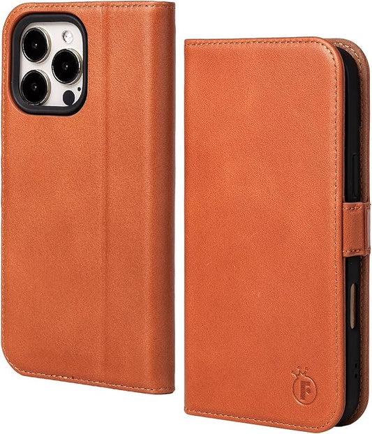 Case for iPhone 16 Pro 6.3" 2024-Genuine Leather Folio Magnetic Closure RFID Blocking Card Holder Kickstand Full Protection Phone Case Compatible with iPhone 16 Pro (Brown)