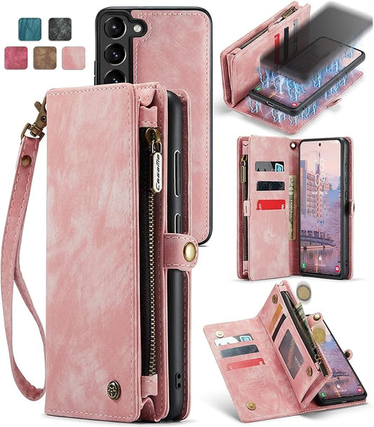 SZHAIYU 2 in 1 Detachable for Samsung Galaxy S23+ / S23 Plus Wallet Case with Card Holder, Retro Premium Flip Leather Cover Magnetic Zipper Pocket Phone Cases 6.6'' (Pink,S23+/S23 Plus)