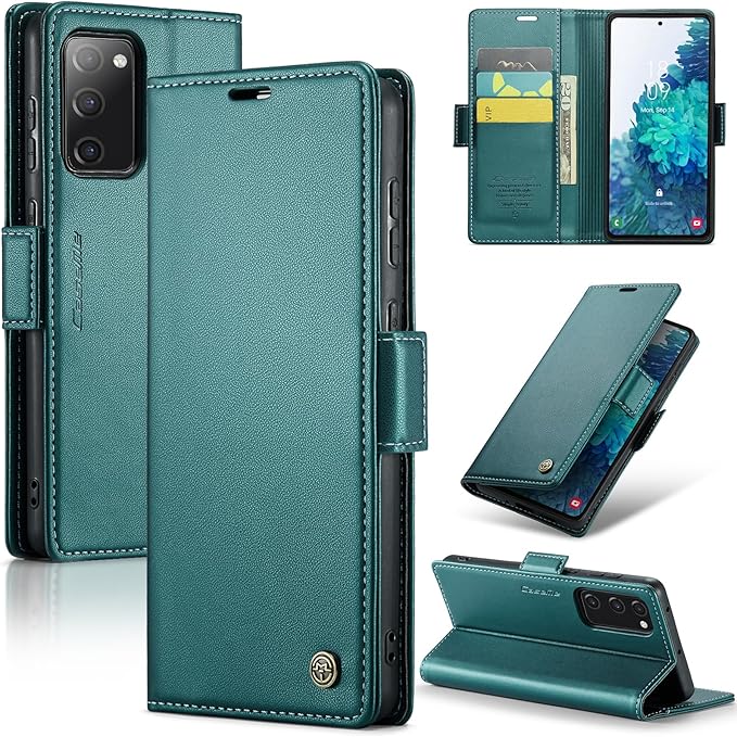 Case for Samsung Galaxy S20 FE Wallet Case, RFID Blocking PU Leather Flip Folio Cover Card Holder Kickstand Shockproof Phone Case Compatible with Samsung Galaxy S20 FE, Blue Green