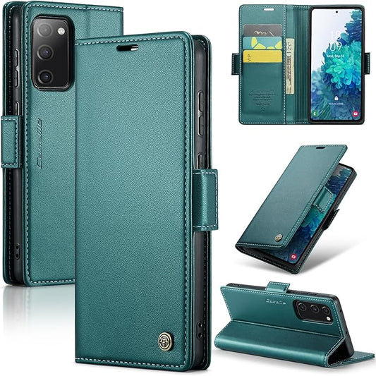 Case for Samsung Galaxy S20 FE Wallet Case, RFID Blocking PU Leather Flip Folio Cover Card Holder Kickstand Shockproof Phone Case Compatible with Samsung Galaxy S20 FE, Blue Green