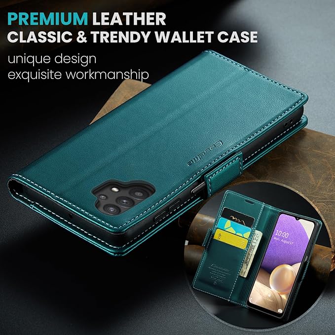 for Samsung Galaxy A32 5G Case, Premium PU Leather Wallet Case Flip Cover with [RFID Blocking][Card Holder][Stand Function] for Samsung Galaxy A32 5G (Non 4G Version), Blue-Green