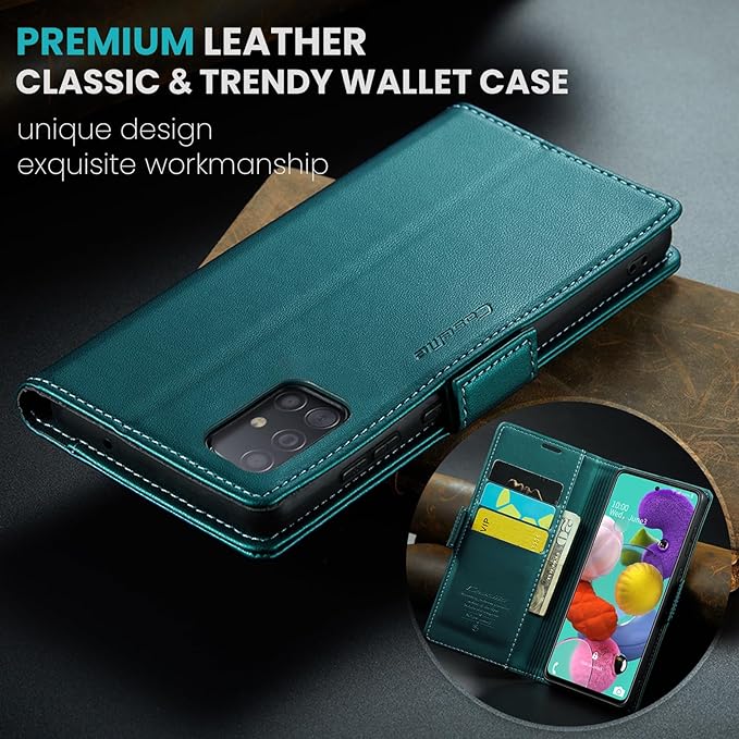 for Samsung Galaxy A51 4G Case, Premium PU Leather Wallet Case Flip Cover with [RFID Blocking][Card Holder][Stand Function] for Samsung Galaxy A51 4G (Non 5G Version), Blue-Green