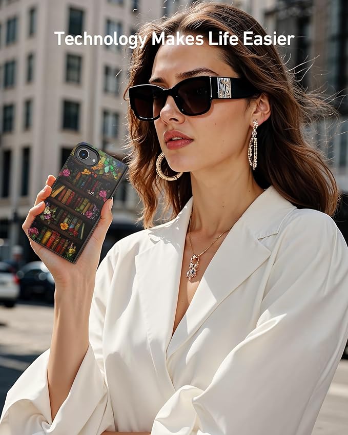 DEENAKIN for iPhone 16e Wallet Case with Card Holder + Cash Clip, RFID-Blocking, Military-Grade Drop Protection, Magnetic Closure with Leather Kickstand - Bookshelf Flowers