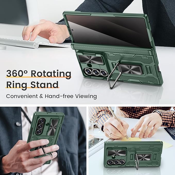 VEGO for Samsung Galaxy Z Fold 7 Case with Hinge Protection, Full-Body Case Built-in Privacy Screen Protector & Slide Camera Cover & Rotat Ring Stand Shockproof Hard Phone Case for Galaxy Fold 7-Green