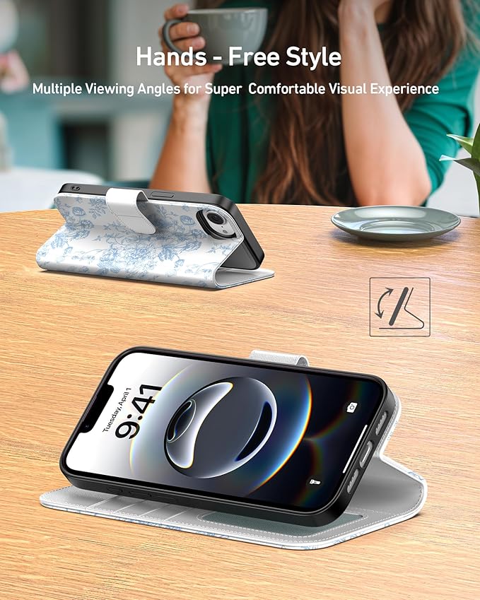 DEENAKIN for iPhone 16e Wallet Case with Card Holder + Cash Clip, RFID-Blocking, Military-Grade Drop Protection, Magnetic Closure with Leather Kickstand - Blue Floral Design