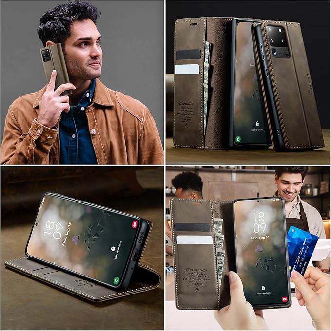 Wallet Case for Samsung Galaxy S20 Ultra Leather Wallet Flip Cover with Card Holder, Kickstand, Magnetic Closure, RFID Blocking TPU Shockproof Phone Case Compatible with S20 Ultra, Coffee