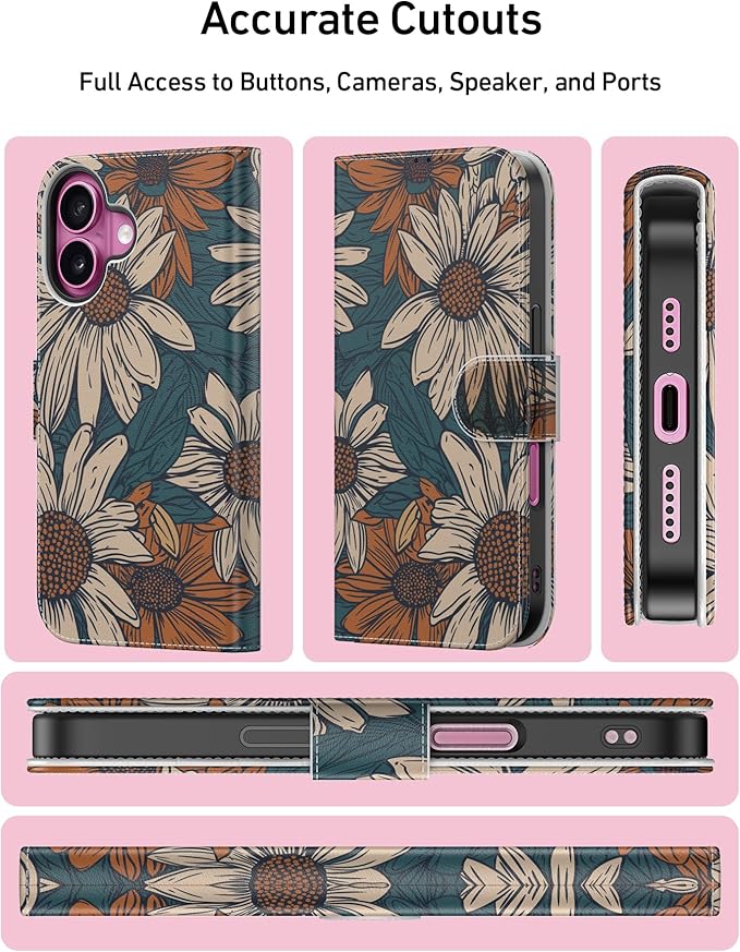 DEENAKIN for iPhone 16 Plus Wallet Case with Card Holder + Cash Clip, RFID-Blocking, Military-Grade Drop Protection, Magnetic Closure with Leather Kickstand - Floral Daisy Pattern