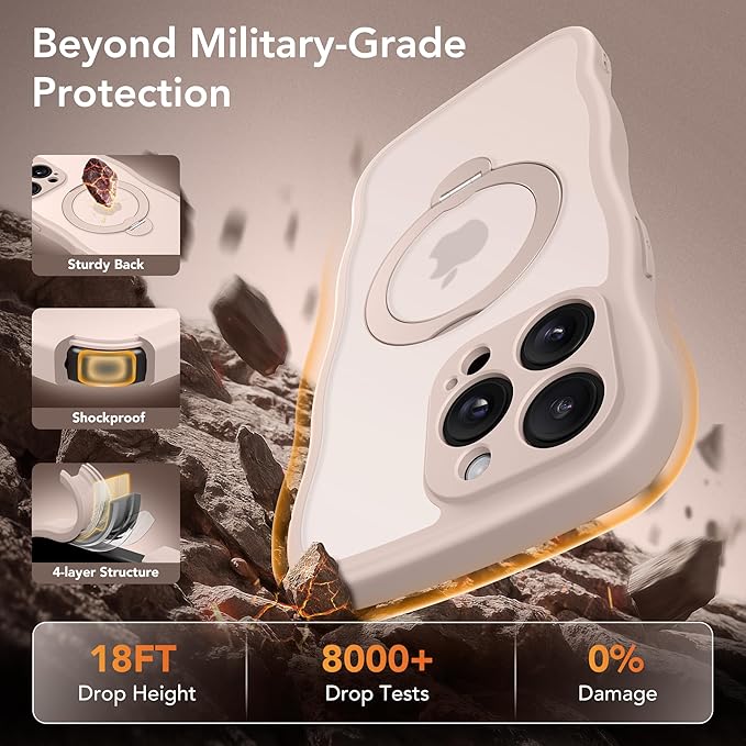 for iPhone 15 Pro Case,[Compatible with Magsafe][360°Magnetic Stand][Cute Wave Edge][18ft Military-Grade Protection] Translucent Matte Phone Women Case for iPhone 15 Pro, Rose Gold