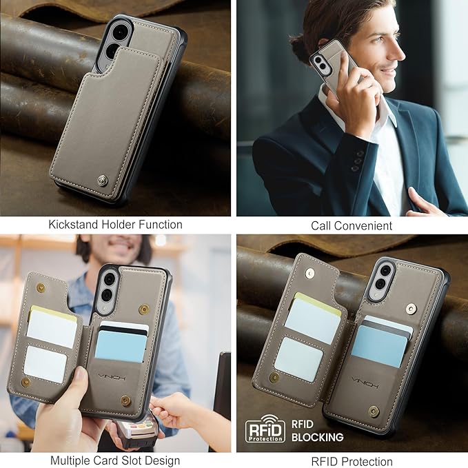 Vinich for Samsung Galaxy S25 Edge Wallet Case with Card Holder, RFID Blocking Credit Slots Kickstand Shockproof Phone Cover for Women Men, Gray