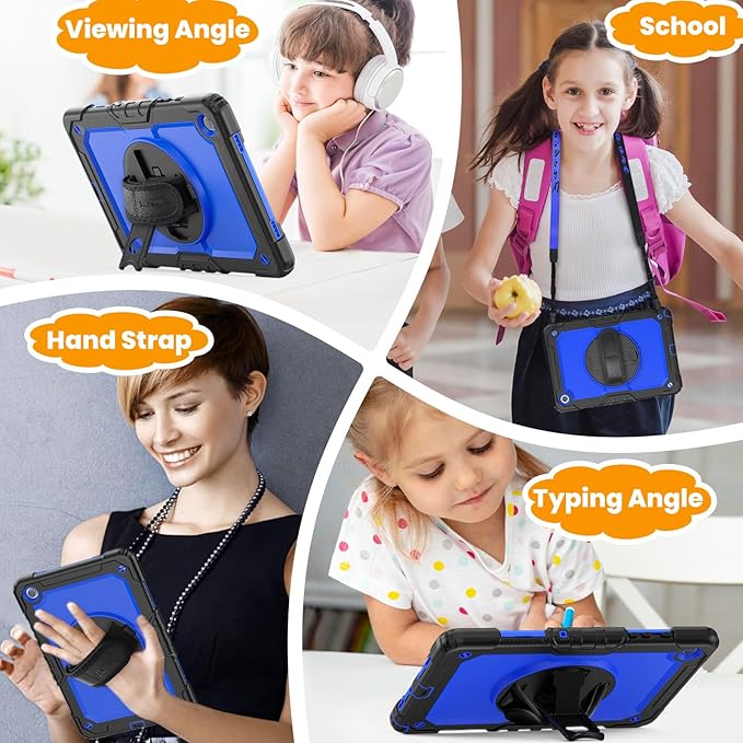 SEYMAC stock Case for Samsung Galaxy Tab A9 8.7'', Full-Body Drop Protection Case with Screen Protector Pencil Holder [360° Rotating Hand Strap] &Stand, Blue+Black