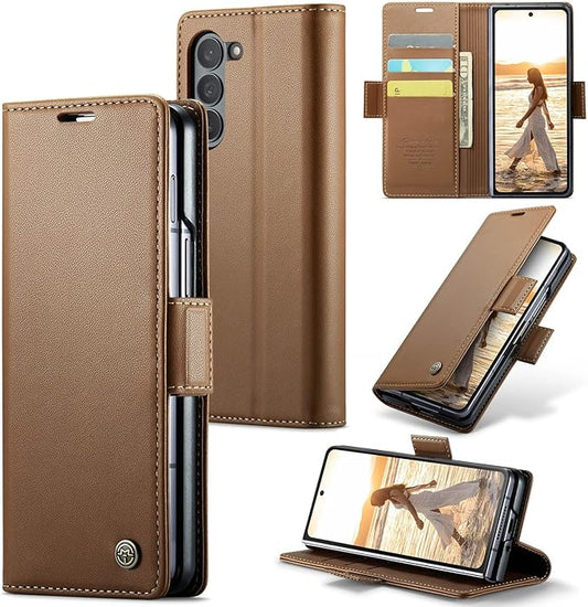 for Samsung Galaxy Z Fold 6 Case, Premium PU Leather Wallet Case Flip Cover with [RFID Blocking][Card Holder][Stand Function] Shockproof Protective for Samsung Galaxy Z Fold 6, Brown