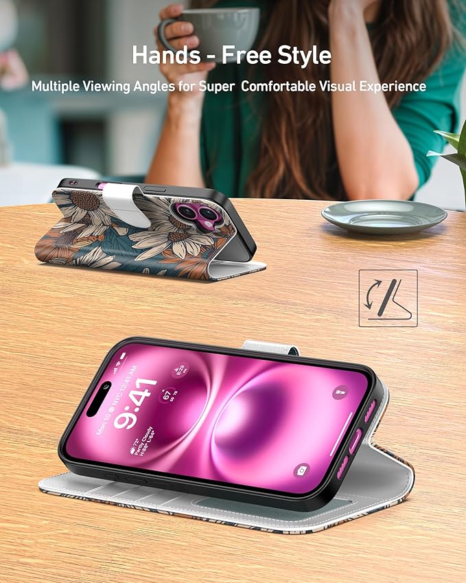 DEENAKIN for iPhone 16 Wallet Case with Card Holder + Cash Clip, RFID-Blocking, Military-Grade Drop Protection, Magnetic Closure with Leather Kickstand - Floral Daisy Pattern