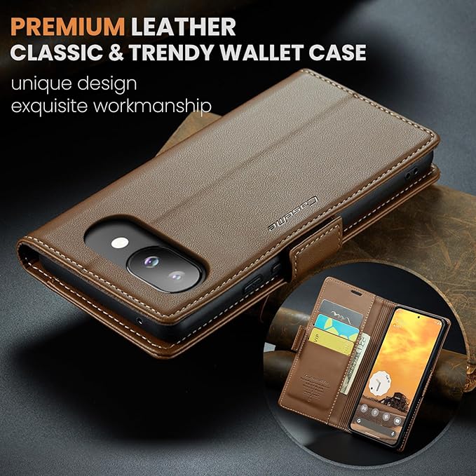 for Pixel 9A Case, Premium PU Leather Wallet Case Flip Cover with [RFID Blocking][Card Holder][Stand Function] Shockproof Protective for Pixel 9A, Brown