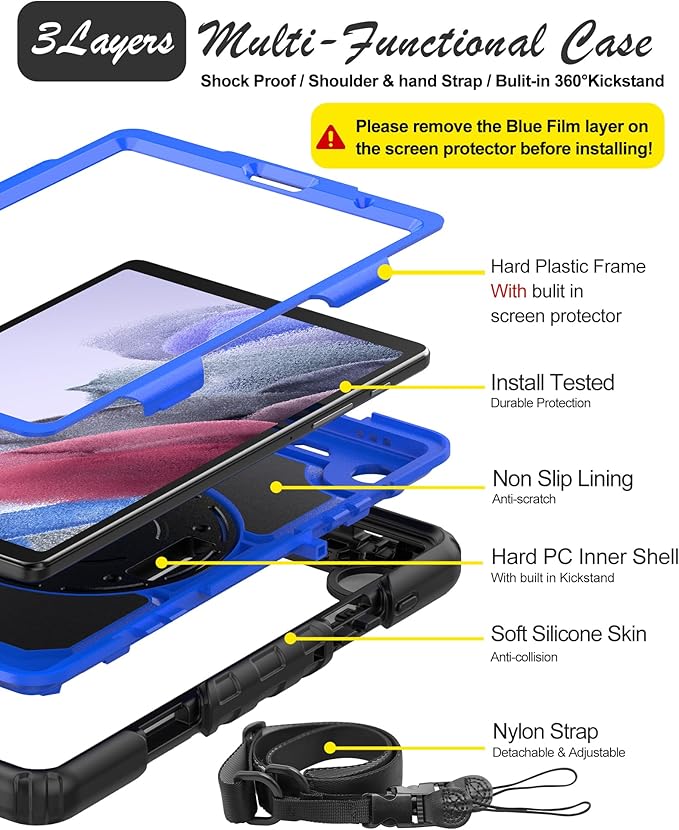 Case for Samsung Galaxy Tab A7 Lite 8.7-inch 2021 (SM-T220/T225), Protective with Screen Protector/Hand Strap/Pen Holder, Sturdy Shockproof for Samsung A7 Lite Tablet Case (Blue)