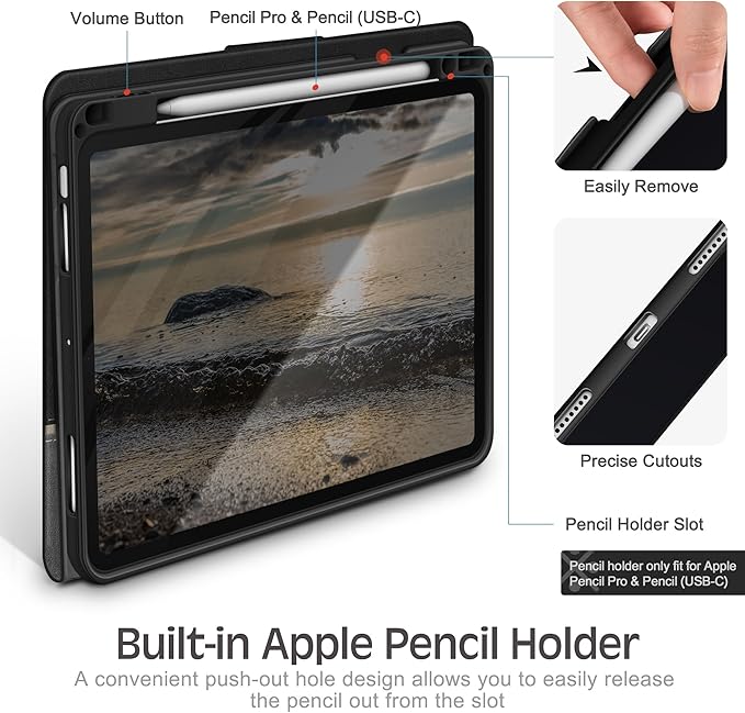 KingBlanc for iPad Air 11-inch Case M3 (2025) / M2 (2024), iPad Air 5th/4th Generation (2022/2020, 10.9") with Pencil Holder, Vegan Leather Stand Cover, Auto Sleep Wake, Viewing/Typing Angle, Black