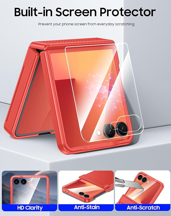 CENMASO for Samsung Galaxy Z Flip 7 Case with Card Holder [RFID Blocking] & Hinge Protection & HD Screen Protector, Rugged Anti-Scratch Full-Body Shockproof Phone Case for Z Flip 7-Coral Red