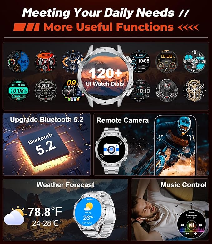 Smart Watches for Men(LED Flashlight), 1.85'' HD Large Smartwatch, 800mAh/5ATM Waterproof/Pedometer/100+ Sports Fitness Tracker Watch, Rugged Smartwatches for Men Compatible Android iPhone