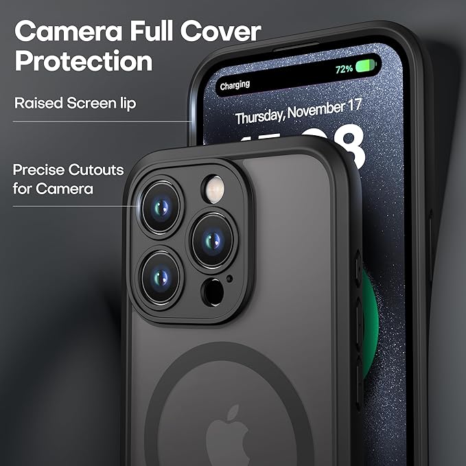 ImpactStrong Magnetic Guard Designed for iPhone 15 Pro Case [Camera Protection] [Military Grade Drop Tested] [Compatible with MagSafe] Slim Translucent Matte Phone Case (6.1") - Black