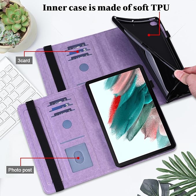 Case for Lenovo Tab M9 9 inch (TB-310FU), Embossed Lace PU Leather Flip Folio Protective Tablet Case with Elastic Band Card Slots Pen Holder, Multi-Angle Viewing Stand Cover - Purple