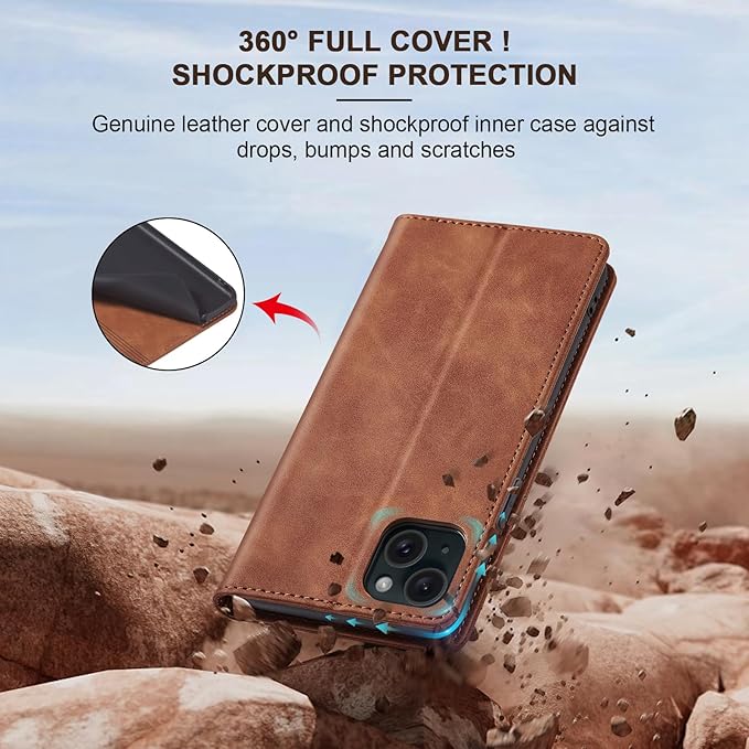 Jasonyu Flip Wallet Case for iPhone 15 Plus,Leather Magnetic Folio Cover with Card Holder,Kickstand - TPU Shockproof Durable Protective Phone Case,Brown