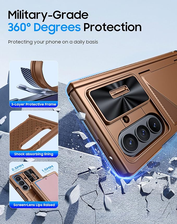 for Samsung Galaxy Z Fold 7 Case with Card Holder RFID Blocking, Built in Slide Lens Cover & Hinge Protection & Screen Protector, Shockproof Wallet Case for Z Fold 7 (Desert Gold)