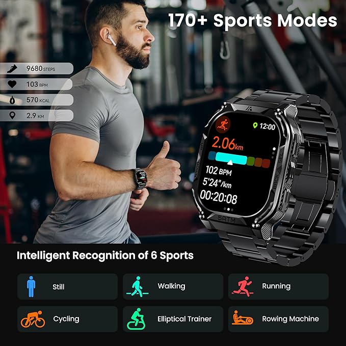 AMAZTIM GPS Smart Watch for Men, 6 Satellite Positioning, Compass, Stainless Steel Body, 50M Waterproof, 480mAh Extra-Large Battery, Answer/Make Call, 1.96" AMOLED Screen, Compatible for Android iOS