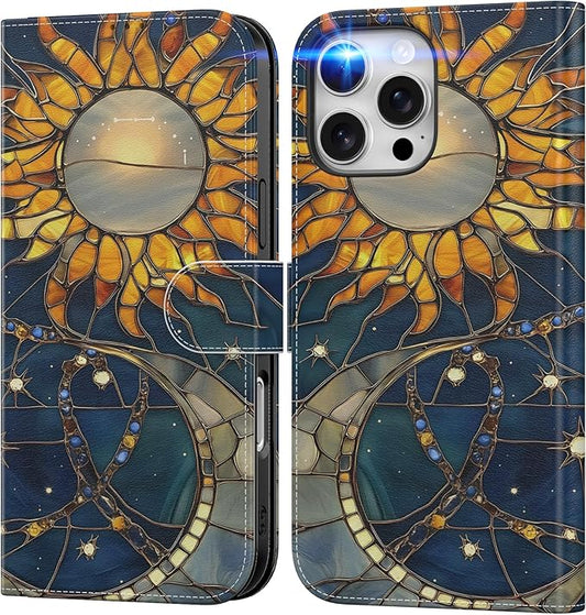 DEENAKIN for iPhone 16 Pro Max Wallet Case with Card Holder + Cash Clip, RFID-Blocking, Military-Grade Drop Protection, Magnetic Closure with Leather Kickstand - Solar Lunar Harmony