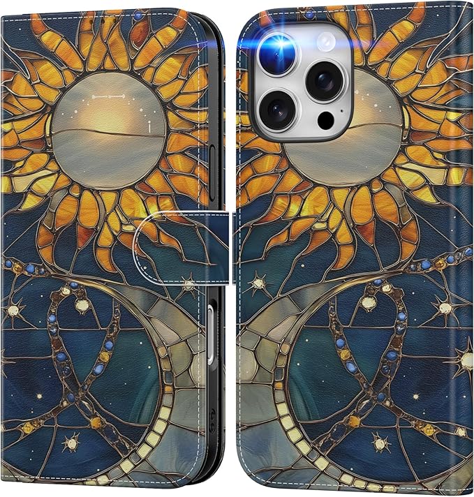 DEENAKIN for iPhone 16 Pro Wallet Case with Card Holder + Cash Clip, RFID-Blocking, Military-Grade Drop Protection, Magnetic Closure with Leather Kickstand - Solar Lunar Harmony