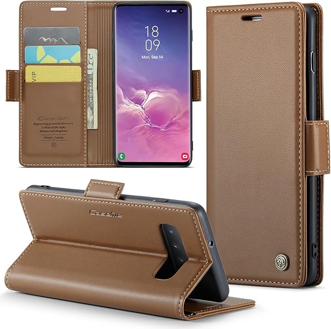Case for Samsung Galaxy S10 Wallet Case, RFID Blocking PU Leather Flip Folio Cover Card Holder Kickstand Shockproof Phone Case Compatible with Samsung Galaxy S10, Brown