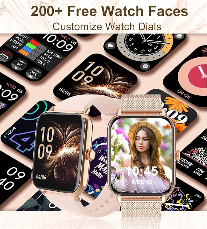 Smart Watch for Women with Bluetooth Call Answer/Dail,1.85" DIY Dial Fitness Watch with Heart Rate Sleep Monitor Step Counter 120+ Sports Modes Waterproof Women's Smart Watch for Android iOS (Gold)