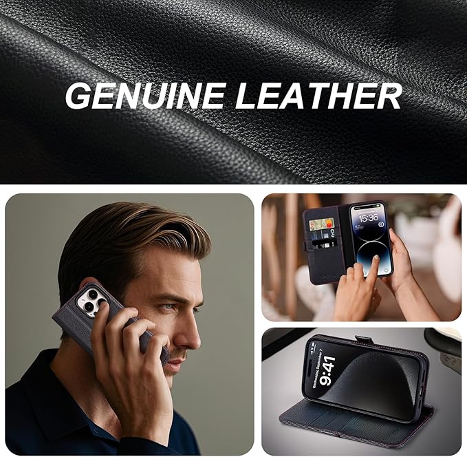 Case for iPhone 16 Pro 6.3" 2024-Genuine Leather Folio Magnetic Closure RFID Blocking Card Holder Kickstand Full Protection Phone Case Compatible with iPhone 16 Pro (Black)