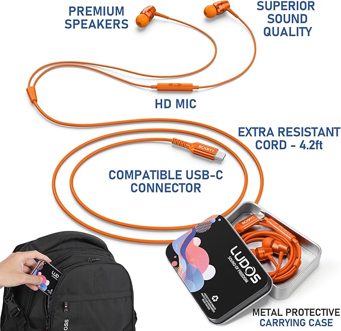 LUDOS OMNITONE USB C Headphones for iPhone 16 15 Pro Max Plus iPad Pro, 5 Years Warranty, USB-C Earbuds for Samsung Galaxy S24 S23 S22 S21 S20 A55 A54 A53, USB Type C Earphones - Orange