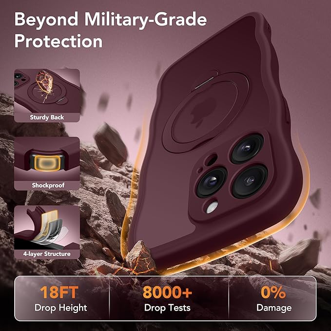 GolbinBox for iPhone 15 Pro Case,[Compatible with Magsafe][360°Magnetic Stand][Cute Wave Edge][18ft Military-Grade Protection] Translucent Matte Phone Women Case for iPhone 15 Pro, Wine Red