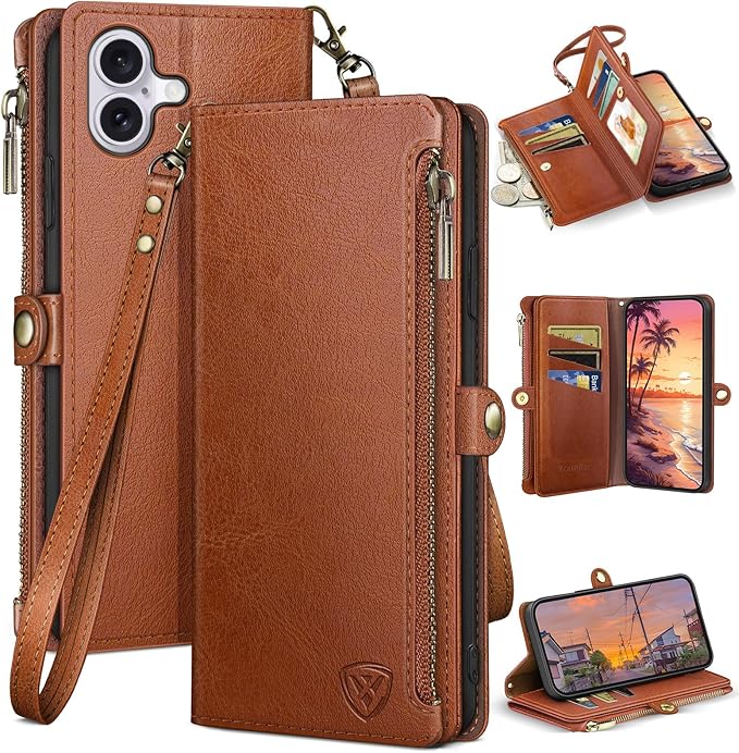 XcaseBar Compatible with iPhone 17 6.3" Wallet case with Zipper Credit Card Holder【RFID Blocking】,Flip Folio Book PU Leather Phone case Shockproof Cover Women Men for Apple 17 case Light Brown