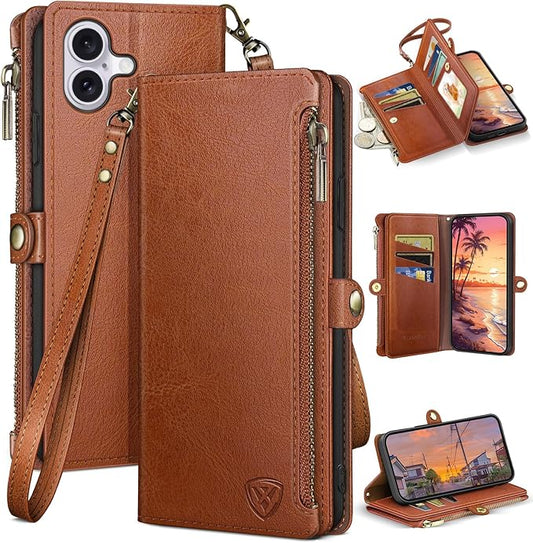 XcaseBar Compatible with iPhone 17 6.3" Wallet case with Zipper Credit Card Holder【RFID Blocking】,Flip Folio Book PU Leather Phone case Shockproof Cover Women Men for Apple 17 case Light Brown