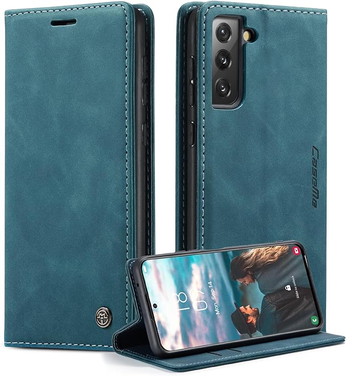 for Samsung Galaxy S21 FE Case, Flip Wallet Leather Case with Card Holder Magnetic Closure Shockproof Kickstand Protective Phone Cases Cover for Samsung S21 FE,Blue-Green