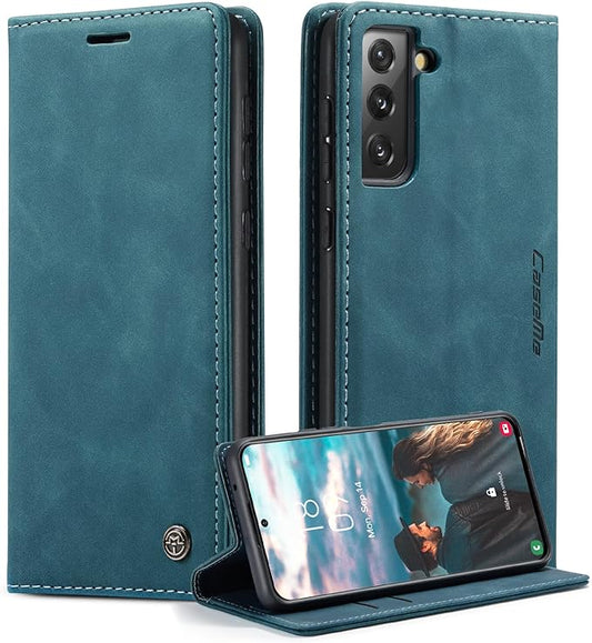 for Samsung Galaxy S21 FE Case, Flip Wallet Leather Case with Card Holder Magnetic Closure Shockproof Kickstand Protective Phone Cases Cover for Samsung S21 FE,Blue-Green