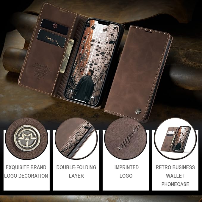 for iPhone 13 Pro Max Case, Flip Wallet Leather Case with Card Holder Magnetic Closure Shockproof Kickstand Protective Phone Cases Cover for iPhone 13 Pro Max, Coffee